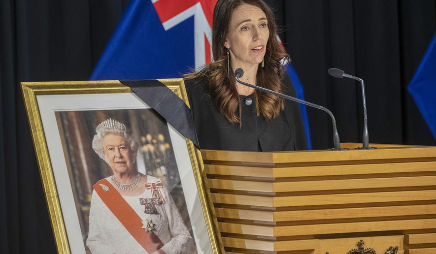 New Zealand Prime Minister Jacinda Ardern addresses a press conference after news of the passing of Queen Elizabeth II at the Beehive in Wellington, New Zealand, Friday, Sept. 9, 2022. Queen Elizabeth II, Britain&#x27;s longest-reigning monarch and a rock of stability in a turbulent era for her country and the world, died Thursday, Sept. 8 after 70 years on the throne. She was 96. (Mark Mitchell/New Zealand Herald via AP)