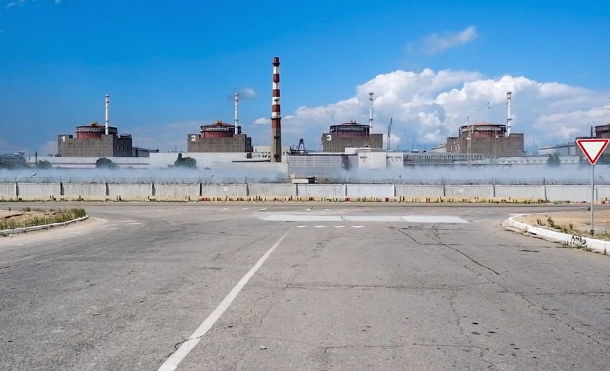 This handout photo taken from video and released by Russian Defense Ministry Press Service on Aug. 7, 2022, shows a general view of the Zaporizhzhia Nuclear Power Station in territory under Russian military control, southeastern Ukraine. The shutdown of Ukraine’s Zaporizhzhia nuclear power plant cuts the risk of a radiation disaster that has haunted the world. The last of the Russian-occupied Zaporizhzhia plant’s six nuclear reactors was shut down Sunday, Sept. 11, 2022, because Russia’s war in Ukraine had repeatedly cut reliable external power supplies. (Russian Defense Ministry Press Service via AP, File)