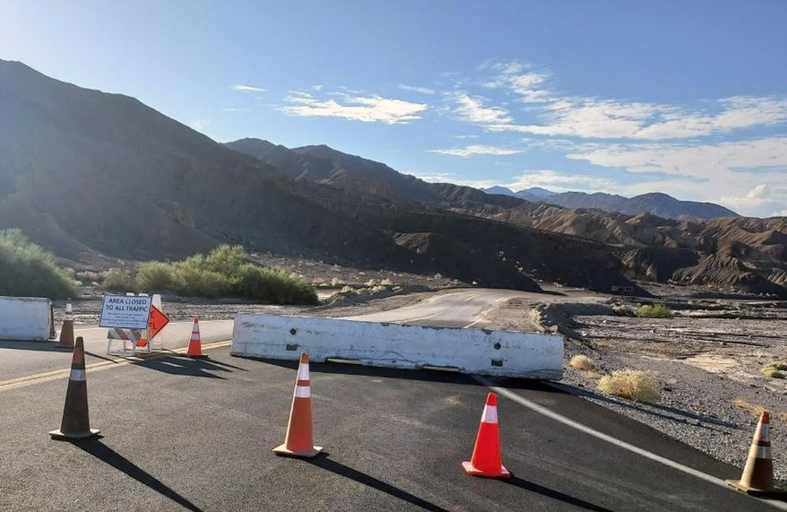 In this photo released by the Death Valley National Park, National Park Service Badwater Road is closed on Saturday, Sept. 10, 2022, due to storms fueled by the remnants of Hurricane Kay, which caused localized, heavy damage in Death Valley National Park, Calif. (M Reynolds/National Park Service via AP) ** FILE **