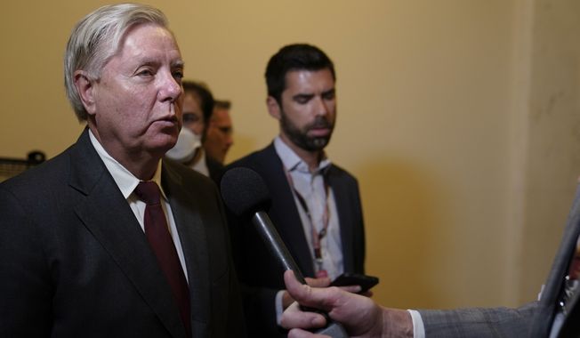 Sen. Lindsey Graham, R-S.C., speaks with the media after he held a news conference to discuss the introduction of the Protecting Pain-Capable Unborn Children from Late-Term Abortions Act on Capitol Hill, Tuesday, Sept. 13, 2022, in Washington. (AP Photo/Mariam Zuhaib) **FILE**