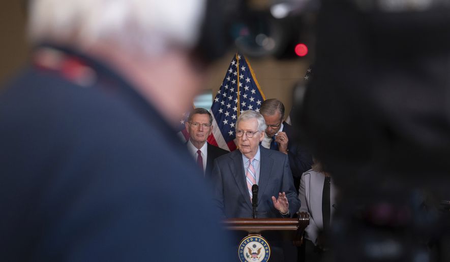Senate Minority Leader Mitch McConnell of Ky., speaks, accompanied by Sen. John Barrasso, R-Wyo., left, and Sen. John Thune, R-S.D., right, during a media availability after their policy luncheon on Capitol Hill, Tuesday, Sept. 13, 2022 in Washington. (AP Photo/Jess Rapfogel)