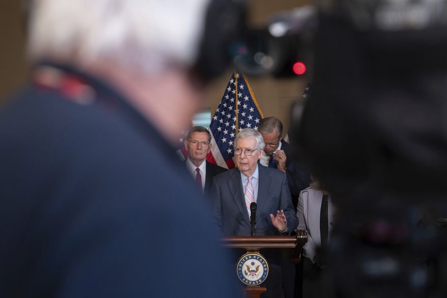 Senate Minority Leader Mitch McConnell of Ky., speaks, accompanied by Sen. John Barrasso, R-Wyo., left, and Sen. John Thune, R-S.D., right, during a media availability after their policy luncheon on Capitol Hill, Tuesday, Sept. 13, 2022 in Washington. (AP Photo/Jess Rapfogel)
