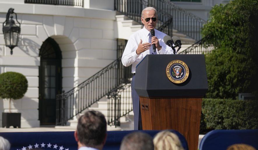 President Joe Biden speaks about the Inflation Reduction Act of 2022 during a ceremony on the South Lawn of the White House in Washington, Tuesday, Sept. 13, 2022. (AP Photo/Andrew Harnik)