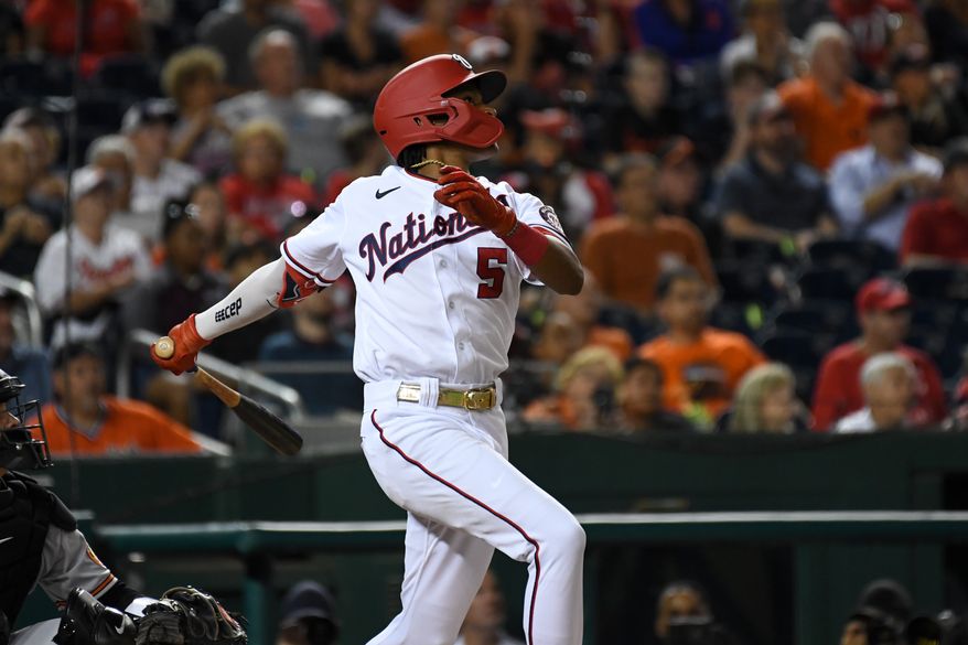 Washington Nationals shortstop CJ Abrams (5) taking a swing during the 2nd inning in a game against the Baltimore Orioles at Nationals Park in Washington D.C., September 14, 2022. (Photo by All-Pro Reels)