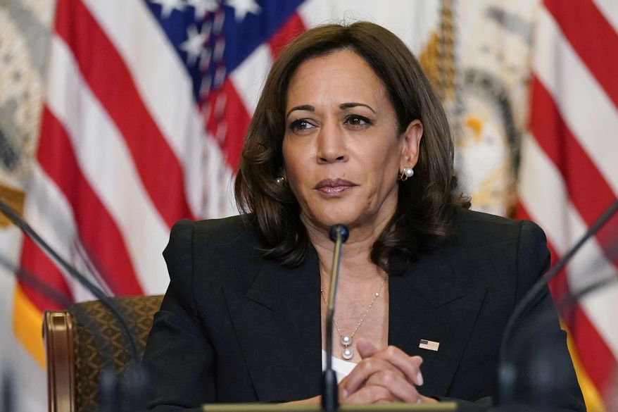 In this file photo, Vice President Kamala Harris listens during a meeting with civil rights and abortion rights leaders in the Diplomatic Reception Room on the White House complex in Washington, Sept. 12, 2022. Two buses of migrants from the U.S.-Mexico border were dropped off near Harris&#39; home in residential Washington on Thursday, Sept. 15. Another busload was dropped off at her residence on Saturday, Sept. 17. (AP Photo/Susan Walsh, File)  **FILE**