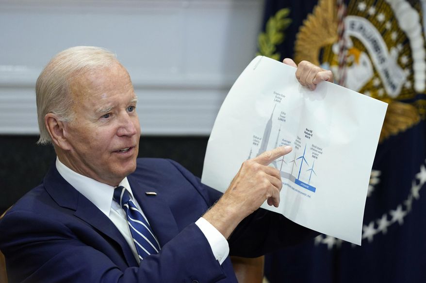 President Joe Biden shows a wind turbine size comparison chart during a meeting in the Roosevelt Room of the White House in Washington, June 23, 2022, with governors, labor leaders, and private companies launching the Federal-State Offshore Wind Implementation Partnership. The Biden administration says it will hold its first offshore wind auction next month. It's offering nearly 500,000 acres off the coast of New York and New Jersey for wind energy projects that could produce enough electricity to power nearly 2 million homes. (AP Photo/Susan Walsh, File)
