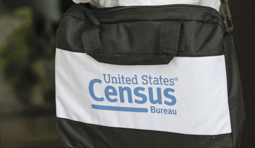 A briefcase of a census taker is seen as she knocks on the door of a residence Aug. 11, 2020, in Winter Park, Fla. (AP Photo/John Raoux, File)