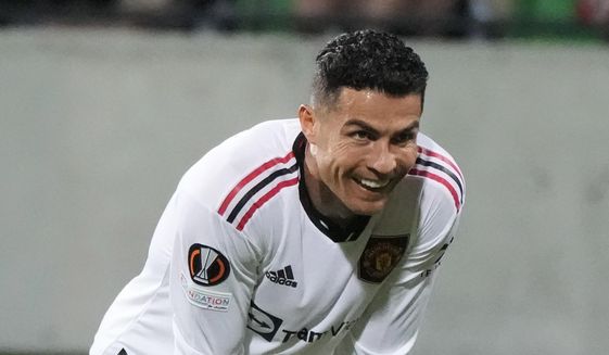 Manchester United&#39;s Cristiano Ronaldo smiles during the Europa League, group E soccer match between Sheriff Tiraspol and Manchester United at the Zimbru stadium, in Chisinau, Moldova, Thursday, Sept. 15, 2022. (AP Photo/Sergei Grits) **FILE**