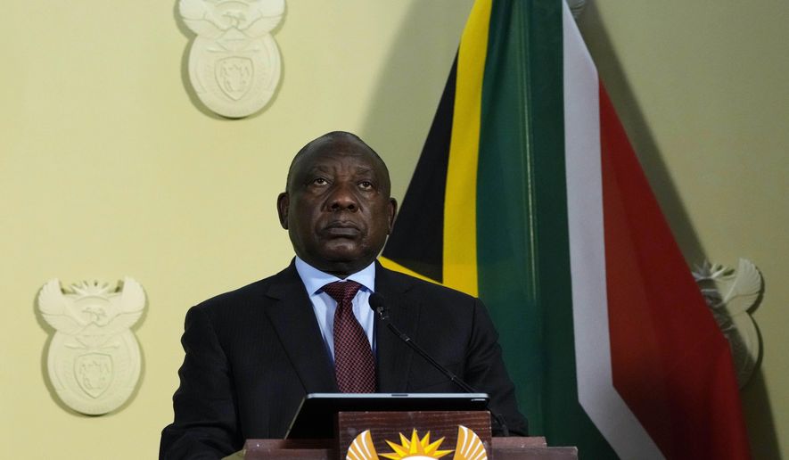 South Africa&#39;s President Cyril Ramaphosa looks on during the final report of a judicial investigation into corruption at Union Building in Pretoria, South Africa, on June 22, 2022. South African President Cyril Ramaphosa is expected to meet U.S. President Joe Biden on Friday. Aides say that the South African leader will stress the importance of holding talks between Russia and Ukraine. Ramaphosa is among the African leaders who have maintained a neutral stance on the war, with South Africa abstaining from a United Nations vote condemning Russia’s actions.  (AP Photo/Themba Hadebe)