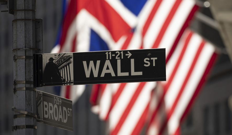 A Wall Street sign hangs in front of the New York Stock Exchange, Friday, Sept. 16, 2022, in New York.  Stocks fell broadly in afternoon trading on Wall Street Friday, putting the market on track for another week of sizable losses. (AP Photo/Yuki Iwamura)