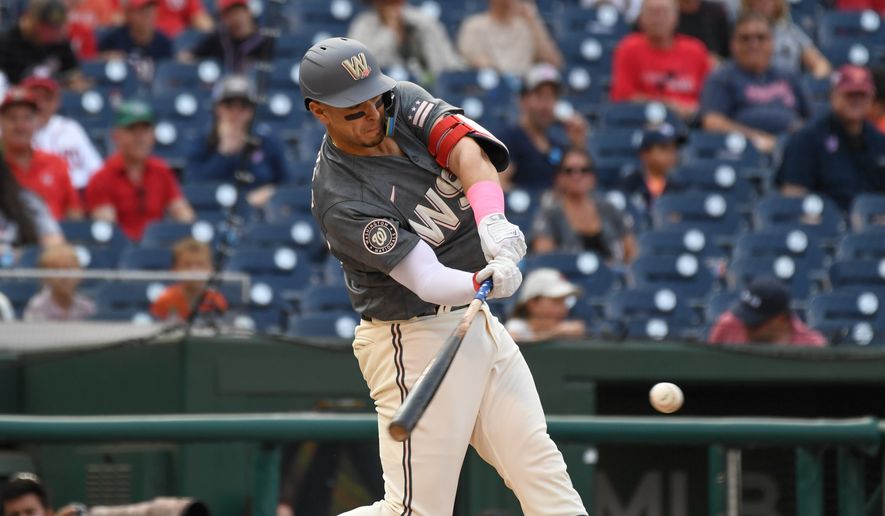 Washington Nationals first baseman Joey Meneses (45) taking a swing during the 1st inning in a game against the Miami Marlins at Nationals Park in Washington D.C., September 17, 2022. (Photo by All-Pro Reels)