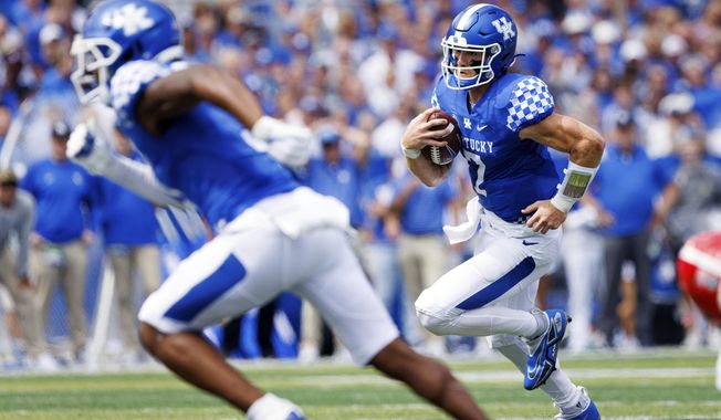 Kentucky quarterback Will Levis (7) runs the ball up the field during the first half of an NCAA college football game against Youngstown State in Lexington, Ky., Saturday, Sept. 17, 2022. (AP Photo/Michael Clubb)