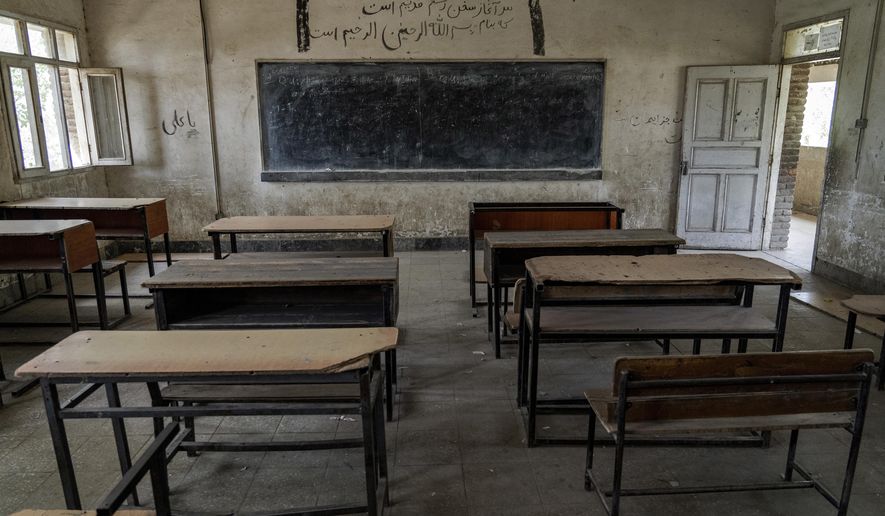 A classroom of a Hazara Shiite school sits empty in Kabul, Afghanistan, Sunday, July 31, 2022. Taliban authorities Saturday, Sept. 10, 2022, shut down girls schools above the sixth grade in eastern Afghanistan&#x27;s Paktia province that had been briefly opened after a recommendation by tribal elders and school principals, according to witnesses and social media posts. (AP Photo/Ebrahim Noroozi)