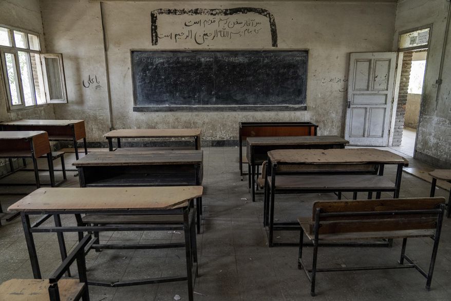 A classroom of a Hazara Shiite school sits empty in Kabul, Afghanistan, Sunday, July 31, 2022. Taliban authorities Saturday, Sept. 10, 2022, shut down girls schools above the sixth grade in eastern Afghanistan&#39;s Paktia province that had been briefly opened after a recommendation by tribal elders and school principals, according to witnesses and social media posts. (AP Photo/Ebrahim Noroozi)