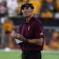 Arizona State coach Herm Edwards looks toward the scoreboard with his team his down against Eastern Michigan during the first half of an NCAA college football game Saturday, Sept. 17, 2022, in Tempe, Ariz. (AP Photo/Darryl Webb) **FILE**