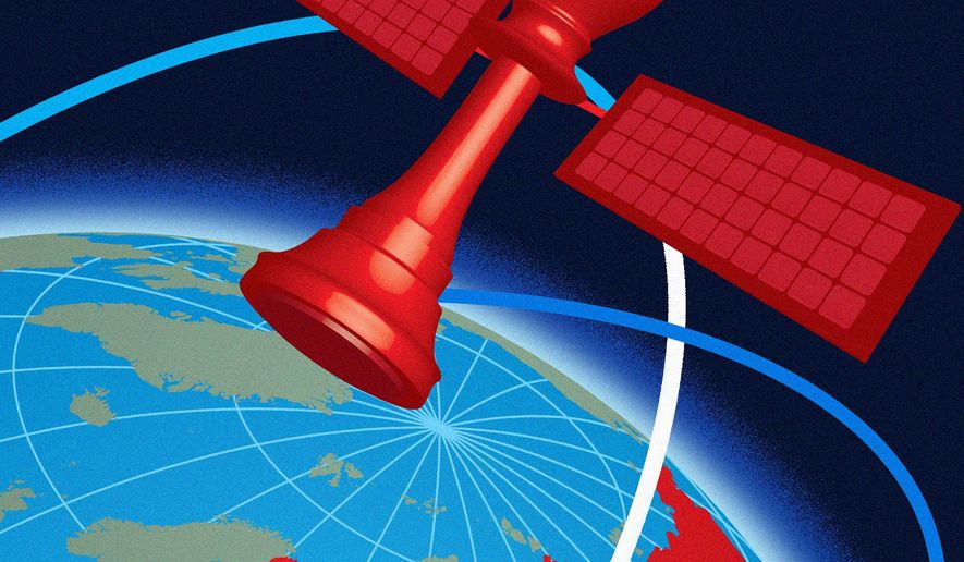 Illustration on Russian threats to U.S. satellites by Linas Garsys/The Washington Times