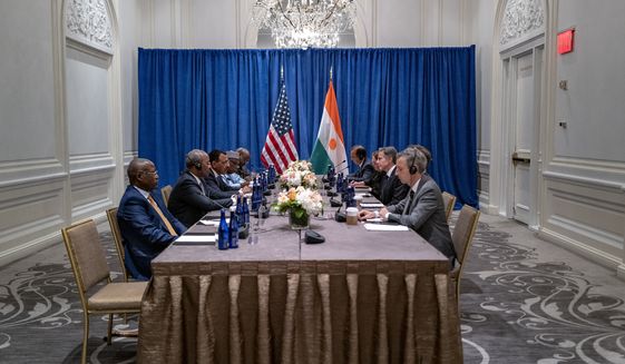 Secretary of State Antony Blinken, center right, meets with Niger President Mohamed Bazoum, center left, Monday, Sept. 19, 2022, in New York. (AP Photo/Craig Ruttle, Pool)