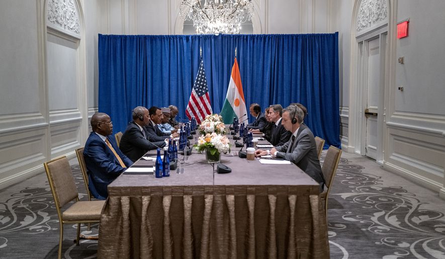 Secretary of State Antony Blinken, center right, meets with Niger President Mohamed Bazoum, center left, Monday, Sept. 19, 2022, in New York. (AP Photo/Craig Ruttle, Pool)