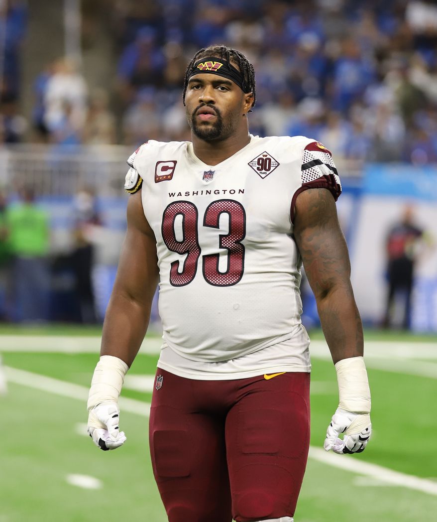 Washington Commanders&#39; DT Jonathan Allen (93) returns to the field from the lockerroom after halftime at the Washington Commanders vs the Detroit Lions at Ford Field in Detroit Michigan on September 18th 2022 (Photo: Alyssa Howell)