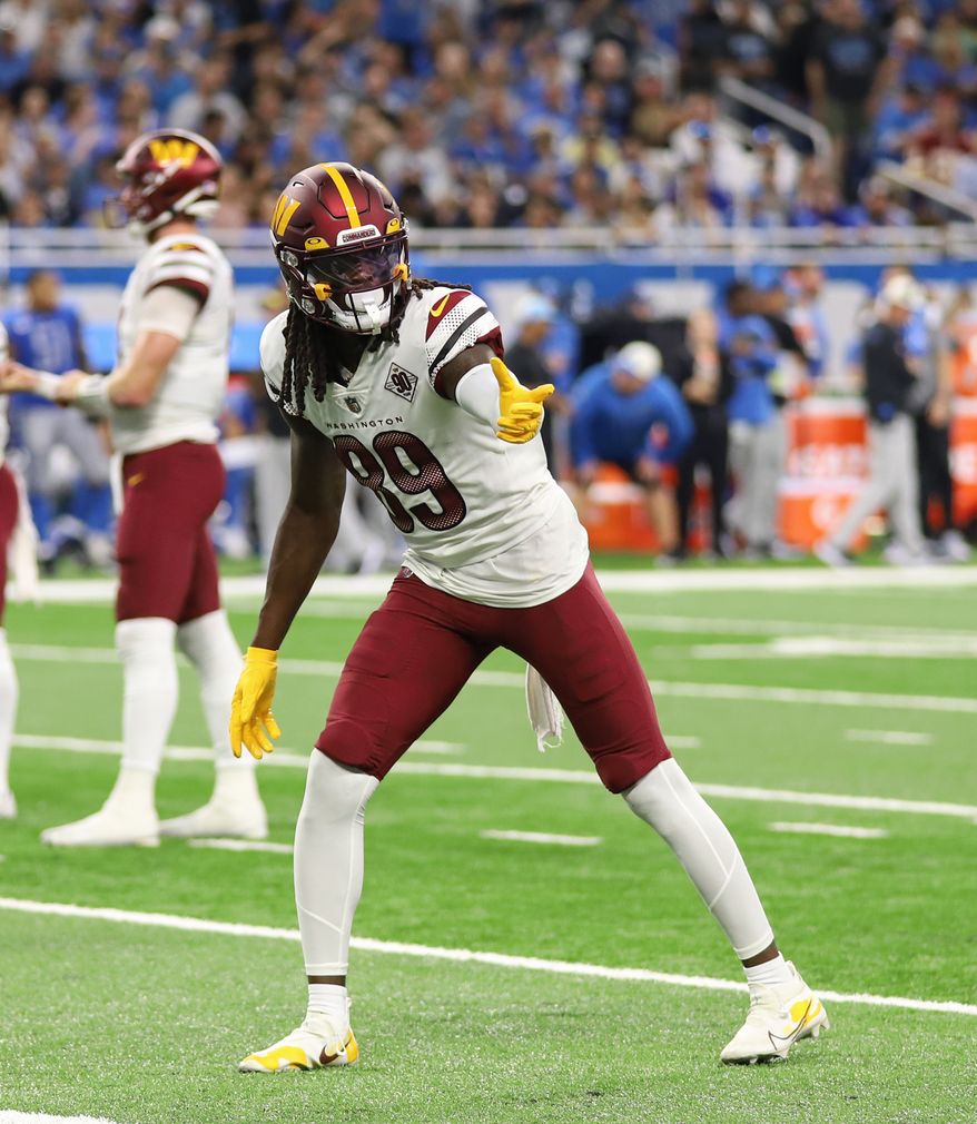 Washington Commanders&#39; WR Cam Sims (89) signals to a teammate at the Washington Commanders vs the Detroit Lions at Ford Field in Detroit Michigan on September 18th 2022 (Photo: Alyssa Howell)