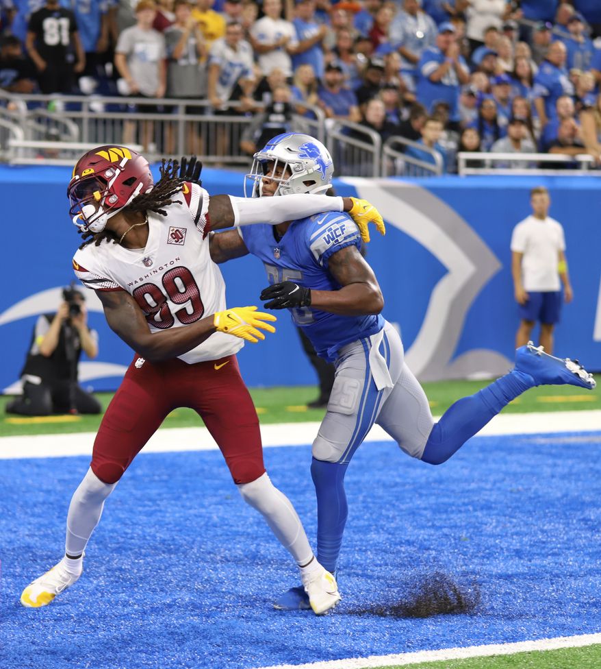 Washington Commanders&#39; WR Cam SIms (89) deflects the pass at the Washington Commanders vs the Detroit Lions at Ford Field in Detroit Michigan on September 18th 2022 (Photo: Alyssa Howell)