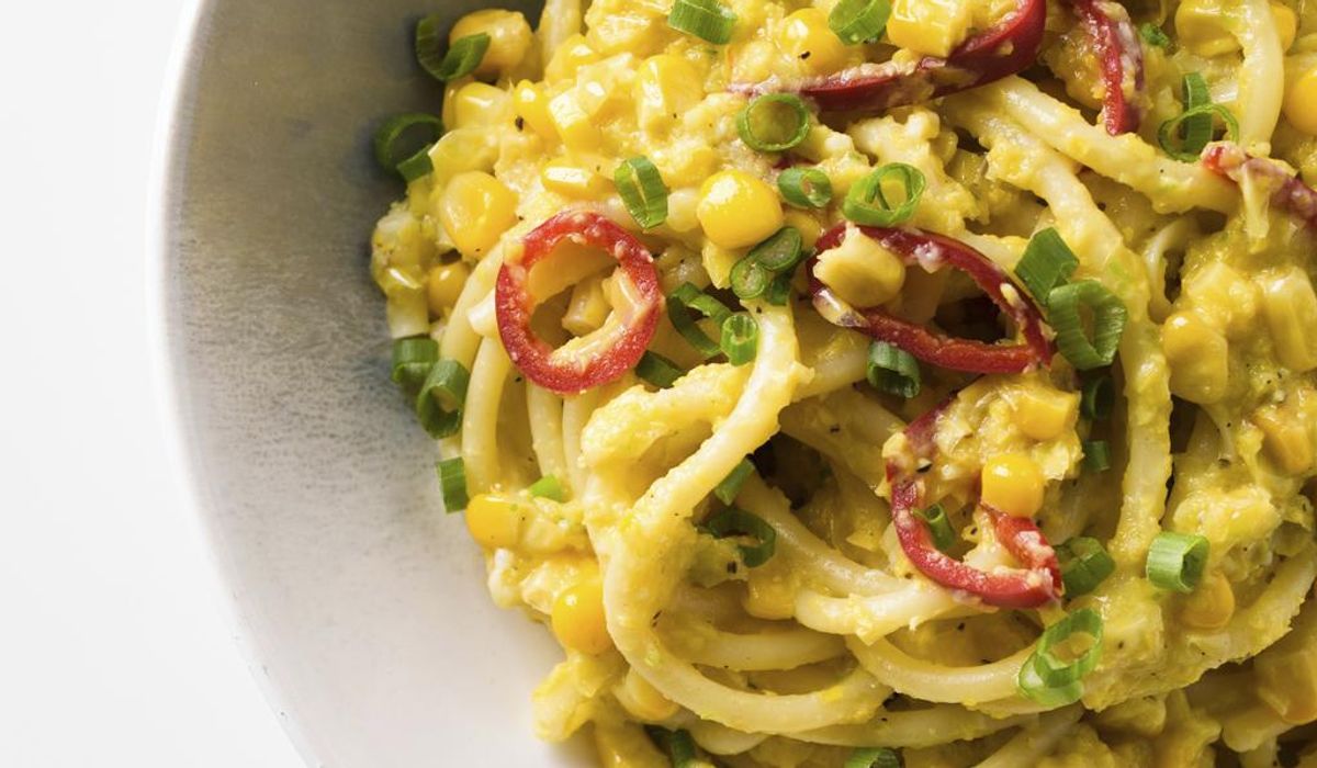 NextImg:Bucatini with sweet corn and scallions: Fresh corn makes a creamy pasta sauce with no cream