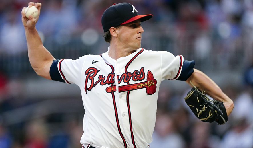 Atlanta Braves starting pitcher Kyle Wright works in the first inning of a baseball game against the Washington Nationals, Monday, Sept. 19, 2022, in Atlanta. (AP Photo/John Bazemore)