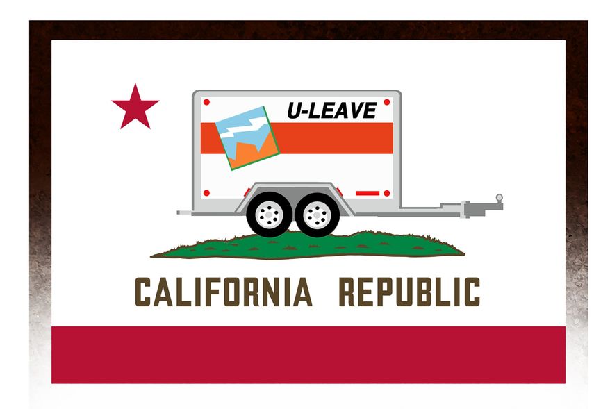 Illustration on people leaving California by Alexander Hunter/The Washington Times