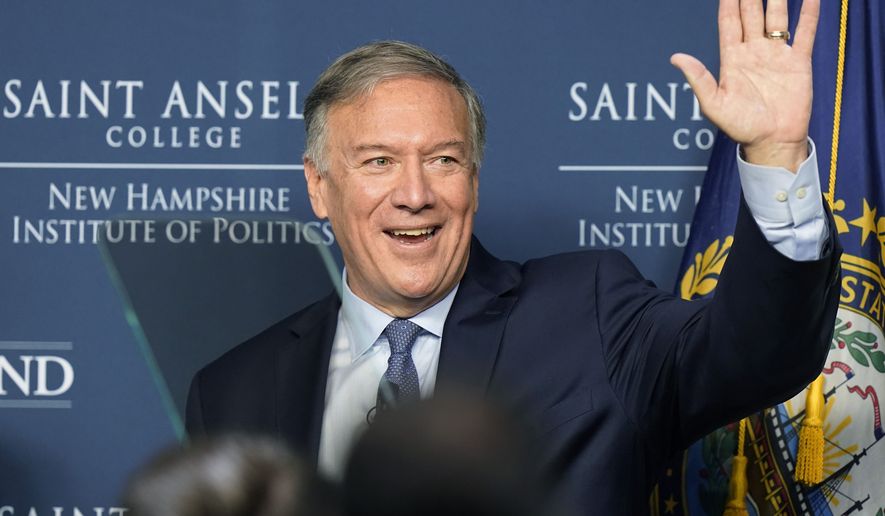 Former Secretary of State Mike Pompeo, a Republican presidential prospect, addresses an audience at a periodic &quot;Politics and Eggs&quot; gathering at Saint Anselm College, in Manchester, N.H., Tuesday, Sept. 20, 2022. (AP Photo/Steven Senne)