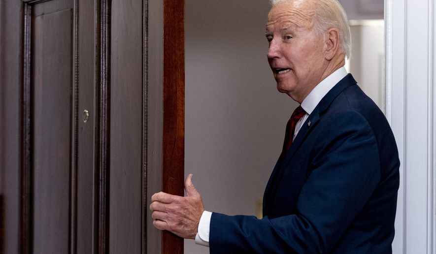 President Joe Biden answers a reporter&#39;s question as he leaves after speaking the DISCLOSE Act in the Roosevelt Room of the White House in Washington, Tuesday, Sept. 20, 2022. (AP Photo/Andrew Harnik)