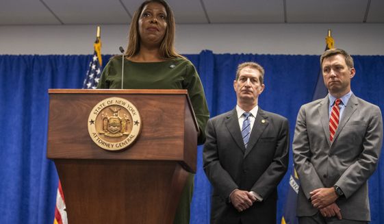 New York Attorney General Letitia James speaks during a press conference, Wednesday, Sept. 21, 2022, in New York.  (AP Photo/Brittainy Newman)