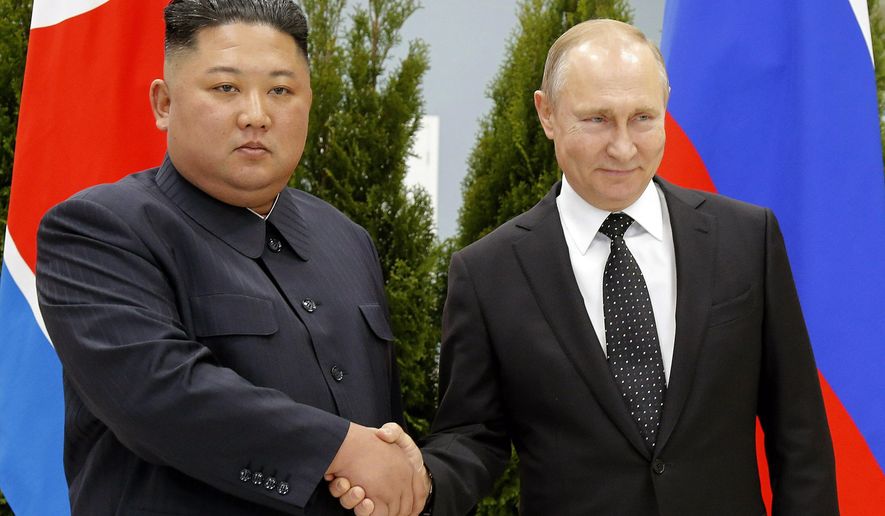 Russian President Vladimir Putin, right, and North Korea&#39;s leader Kim Jong Un shake hands during their meeting in Vladivostok, Russia, April 25, 2019. North Korea says it has not exported any weapons to Russia during the war in Ukraine and has no plans to do so, and said U.S. intelligence reports of weapons transfers were an attempt to tarnish North Korea&#39;s image. (AP Photo/Alexander Zemlianichenko, Pool, File)