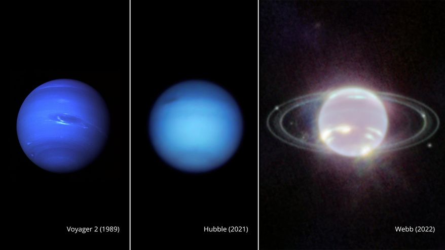 This composite image provided by NASA on Wednesday, Sept. 21, 2022, shows three side-by-side images of Neptune. From left, a photo of Neptune taken by Voyager 2 in 1989, Hubble in 2021, and Webb in 2022. In visible light, Neptune appears blue due to small amounts of methane gas in its atmosphere. Webb’s Near-Infrared Camera instead observed Neptune at near-infrared wavelengths, where Neptune resembles a pearl with thin, concentric oval rings. (NASA, ESA, CSA, STScI via AP)