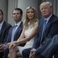Donald Trump, right, sits with his children, from left, Eric Trump, Donald Trump Jr., and Ivanka Trump during a groundbreaking ceremony for the Trump International Hotel on July 23, 2014, in Washington. New York’s attorney general sued former President Donald Trump and his company on Wednesday, Sept. 21, 2022, alleging business fraud involving some of their most prized assets, including properties in Manhattan, Chicago and Washington, D.C. (AP Photo/Evan Vucci) **FILE**