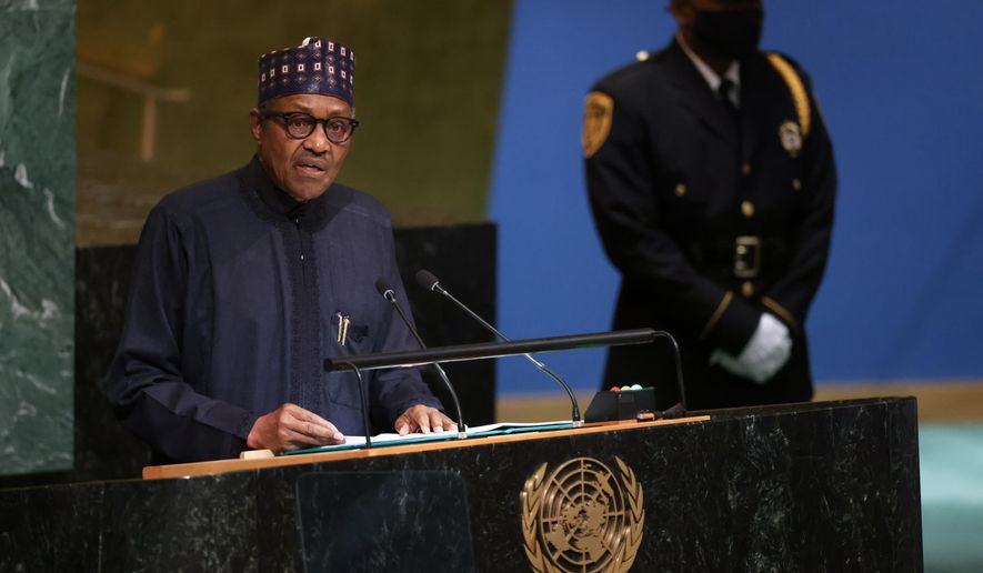 President of Nigeria Muhammadu Buhari addresses the 77th session of the United Nations General Assembly, Wednesday, Sept. 21, 2022, at the United Nations Headquarters.  (AP Photo/Julia Nikhinson)