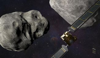 This illustration made available by Johns Hopkins APL and NASA depicts NASA&#39;s DART probe, foreground right, and Italian Space Agency&#39;s (ASI) LICIACube, bottom right, at the Didymos system before impact with the asteroid Dimorphos, left. DART is expected to zero in on the asteroid Monday, Sept. 26, 2022, intent on slamming it head-on at 14,000 mph. The impact should be just enough to nudge the asteroid into a slightly tighter orbit around its companion space rock. (Steve Gribben/Johns Hopkins APL/NASA via AP)