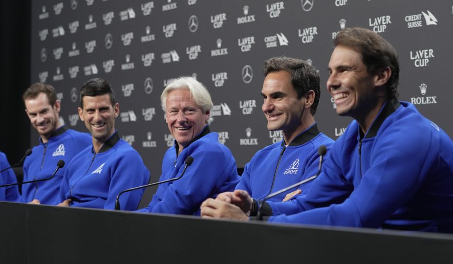 From left, Britain&#39;s Andy Murray, Serbia&#39;s Novak Djokovic, Captain Björn Borg, Switzerland&#39;s Roger Federer and Spain&#39;s Rafael Nadal attend a press conference ahead of the Laver Cup tennis tournament at the O2 in London, Thursday, Sept. 22, 2022. (AP Photo/Kin Cheung)