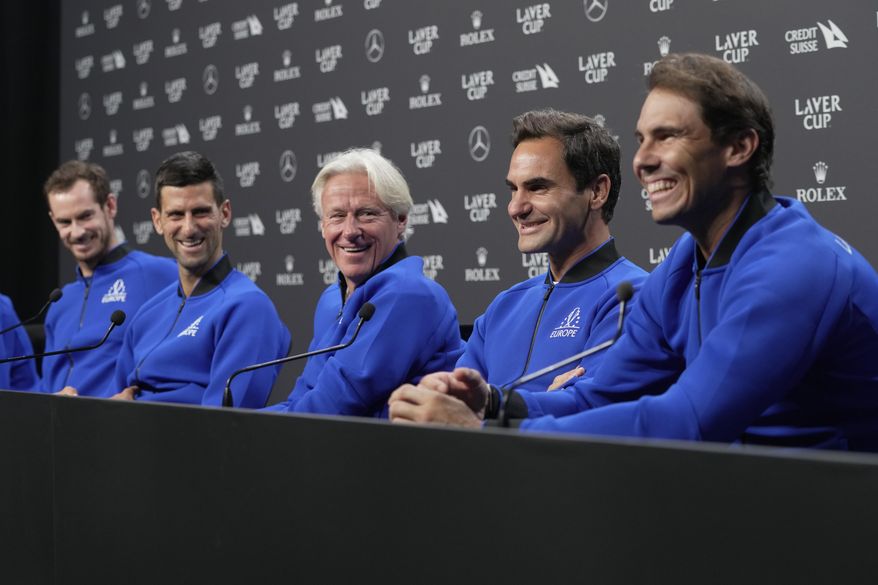 From left, Britain&#39;s Andy Murray, Serbia&#39;s Novak Djokovic, Captain Björn Borg, Switzerland&#39;s Roger Federer and Spain&#39;s Rafael Nadal attend a press conference ahead of the Laver Cup tennis tournament at the O2 in London, Thursday, Sept. 22, 2022. (AP Photo/Kin Cheung)