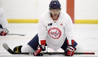 Washington Capitals left wing Alex Ovechkin, of Russia, stretches at an NHL hockey training camp, Thursday, Sept. 22, 2022, in Arlington, Va. (AP Photo/Nick Wass) **FILE**