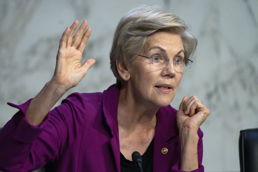 Sen. Elizabeth Warren, D-Mass., questions the witnesses about Zelle, at a Senate Banking Committee annual Wall Street oversight hearing, Thursday, Sept. 22, 2022, on Capitol Hill in Washington. (AP Photo/Jacquelyn Martin)