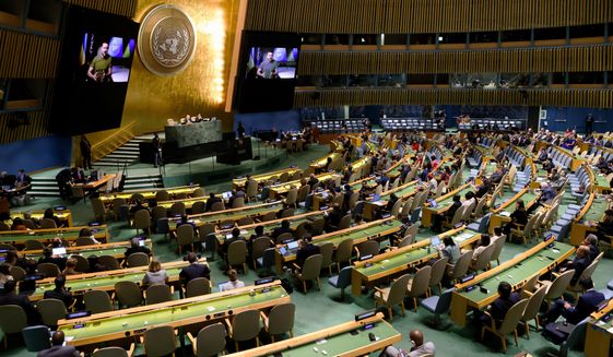 Ukrainian President Volodymyr Zelenskyy addresses the 77th session of the United Nations General Assembly, Wednesday, Sept. 21, 2022 at U.N. headquarters. (AP Photo/Julia Nikhinson)