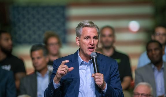 U.S. Rep. Kevin McCarthy introduces the House GOP&#39;s &quot;Commitment to America,&quot; at a gathering at Ductmate Industries, Friday, Sep. 23, 2022 in Monongahela, Pa. (Pam Panchak/Pittsburgh Post-Gazette via AP)