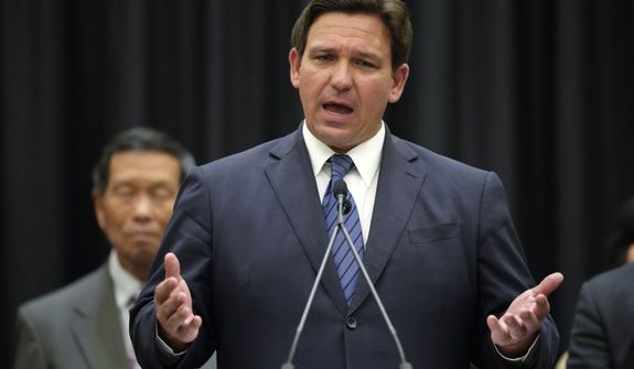Florida Gov. Ron DeSantis speaks during a press conference, Thursday, Sept. 22, 2022, in Miami. On Friday, Sept. 23, The Associated Press reported on stories circulating online incorrectly claiming that Florida ranks 9th in the U.S. for teacher pay. (AP Photo/Rebecca Blackwell, File)