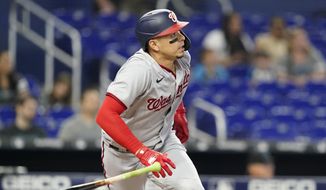 Washington Nationals&#39; Joey Meneses runs after hitting a tow run home run during the first inning of a baseball game against the Miami Marlins, Sunday, Sept. 25, 2022, in Miami.(AP Photo/Lynne Sladky)