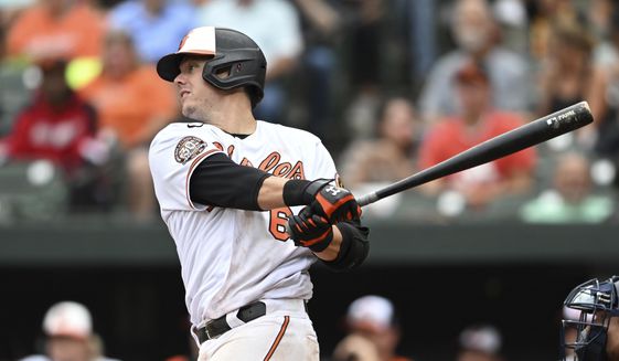 Baltimore Orioles&#39; Ryan Mountcastle follows through on a single against the Houston Astros in the fifth inning of a baseball game, Sunday, Sept. 25, 2022, in Baltimore. (AP Photo/Gail Burton)