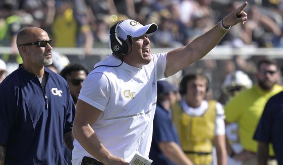 Georgia Tech head coach Geoff Collins reacts on the sideline after a play during the first half of an NCAA college football game against Central Florida, Saturday, Sept. 24, 2022, in Orlando, Fla. (AP Photo/Phelan M. Ebenhack) **FILE**