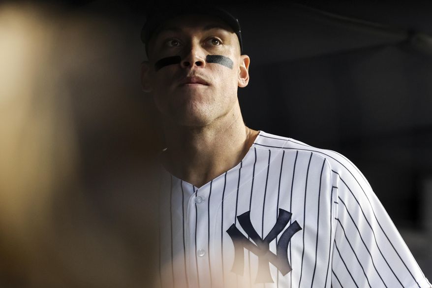 New York Yankees&#39; Aaron Judge looks out before a baseball game against the Boston Red Sox Sunday, Sept. 25, 2022, in New York. (AP Photo/Jessie Alcheh) **FILE**