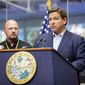 Florida Gov. Ron DeSantis speaks during a news conference at the Emergency Operations Center in Tallahassee, Fla., Sunday, Sept. 25, 2022. (Alicia Devine/Tallahassee Democrat via AP)