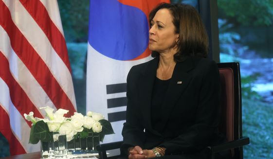 U.S. Vice President Kamala Harris holds a bilateral meeting with South Korea&#39;s Prime Minister Han Duck-soo in Tokyo, Tuesday, Sept. 27, 2022. (Leah Millis/Pool Photo via AP)