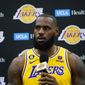 Los Angeles Lakers&#39; LeBron James speaks during a news conference at the NBA basketball team&#39;s Media Day Monday, Sept. 26, 2022, in El Segundo, Calif. (AP Photo/Jae C. Hong)